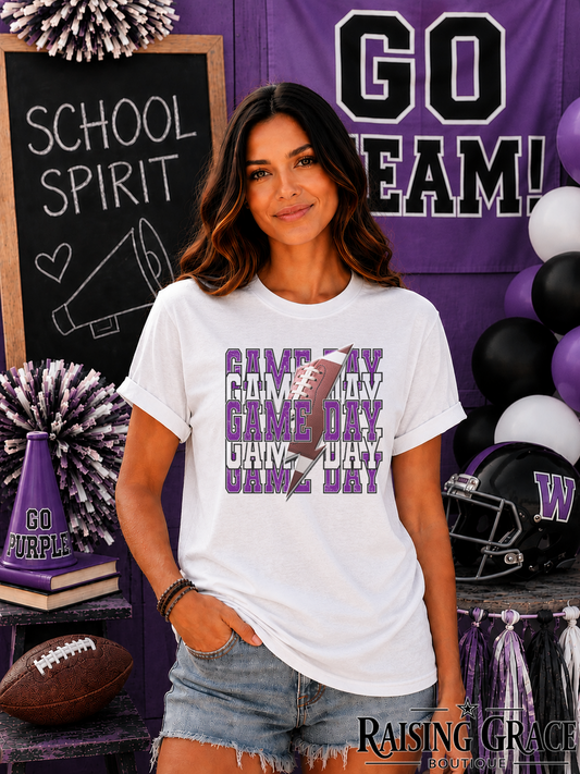 Game Day Football Graphic T-Shirt | Purple and Black Football Tee | Sports Mom Shirt | Boutique Game Day Graphic Tee | Football Season Shirt