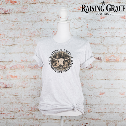 Raisin’ Hell With The Hippies And The Cowboys Graphic T-Shirt | Western Graphic Tee | Cowgirl Shirt | Boutique Western Tee | Country Concert Shirt