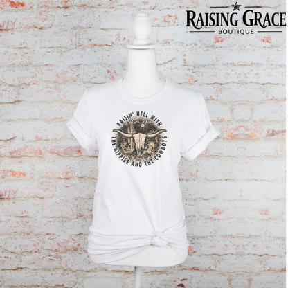 Raisin’ Hell With The Hippies And The Cowboys Graphic T-Shirt | Western Graphic Tee | Cowgirl Shirt | Boutique Western Tee | Country Concert Shirt