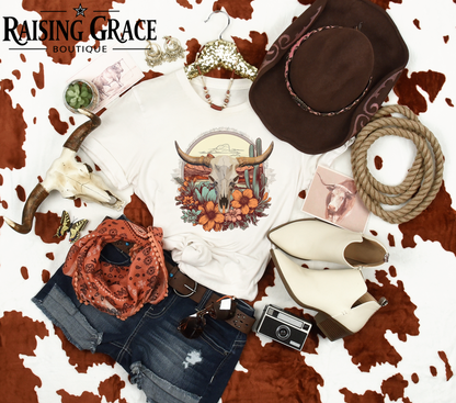 Western Skull Floral Graphic T-Shirt | Cowgirl Graphic Tee | Desert Western Shirt | Boutique Western Tee | Boho Cowgirl Shirt