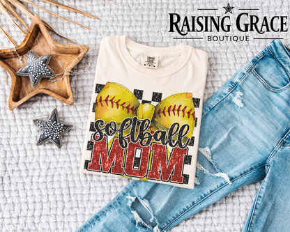 Softball Mama - Faux Glitter - Graphic T-Shirt | Softball Mom Tee | Checkered Sports Shirt | Boutique Softball Graphic Tee | Game Day Shirt