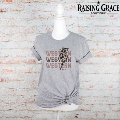 Western Lightning Bolt Graphic T-Shirt | Leopard Western Tee | Boutique Cowgirl Shirt | Trendy Western Graphic Tee | Country Concert Shirt