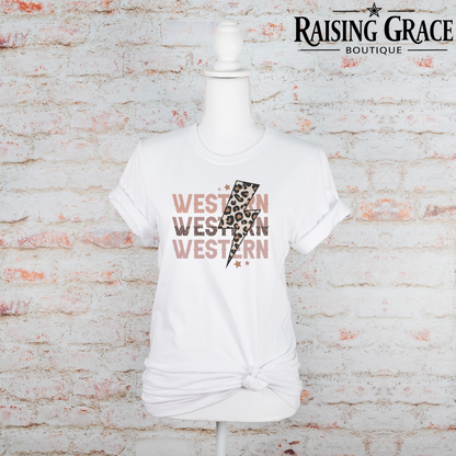 Western Lightning Bolt Graphic T-Shirt | Leopard Western Tee | Boutique Cowgirl Shirt | Trendy Western Graphic Tee | Country Concert Shirt