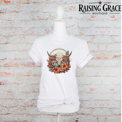Western Skull Floral Graphic T-Shirt | Cowgirl Graphic Tee | Desert Western Shirt | Boutique Western Tee | Boho Cowgirl Shirt