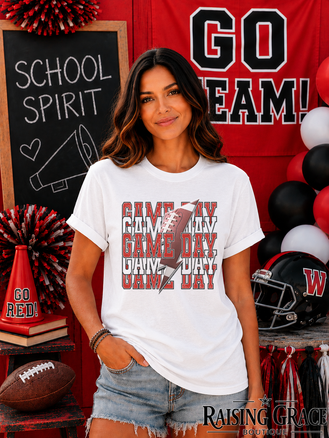 Game Day Football Graphic T-Shirt | Red and Black Football Tee | Sports Mom Shirt | Boutique Game Day Graphic Tee | Football Season Shirt